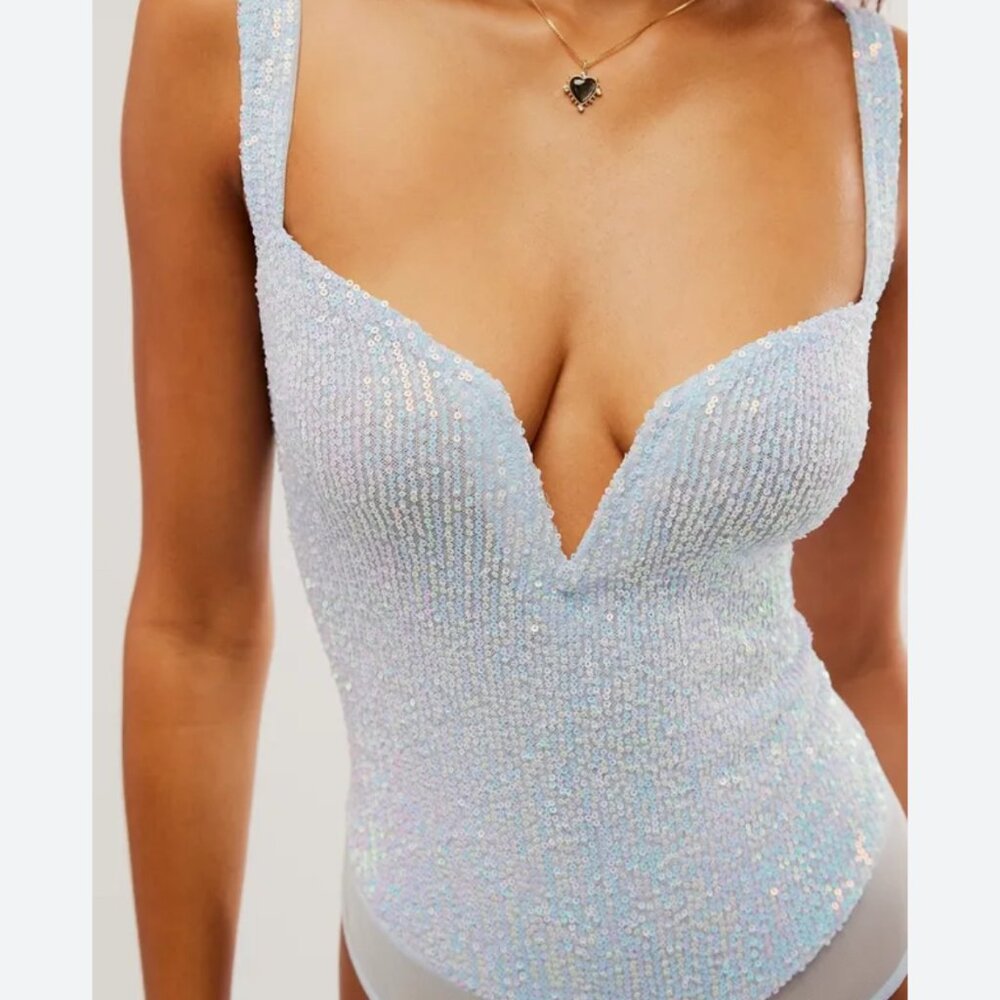 Free People Iridescent Light Blue Sequin Bodysuit